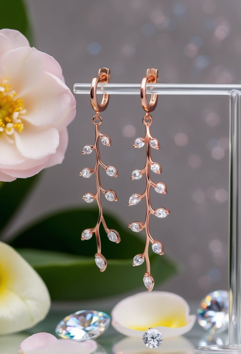 Delicate rose gold vine earrings dangling from a display, surrounded by sparkling gemstones and flower petals