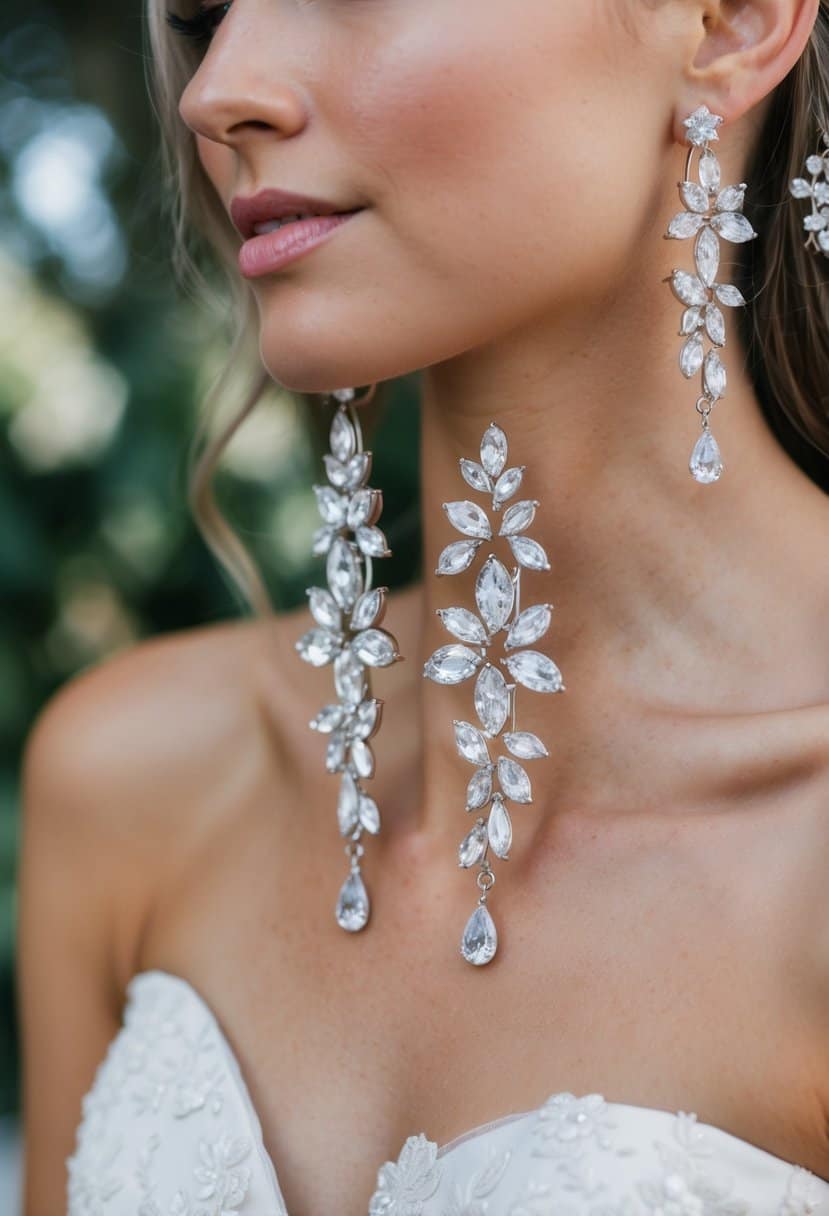 A pair of delicate floral crystal climbers dangle from the earlobes of a strapless dress, adding an elegant touch to the bridal ensemble