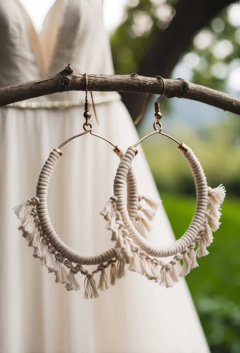 A pair of bohemian macrame hoop earrings hanging against a backdrop of a flowing strapless wedding dress