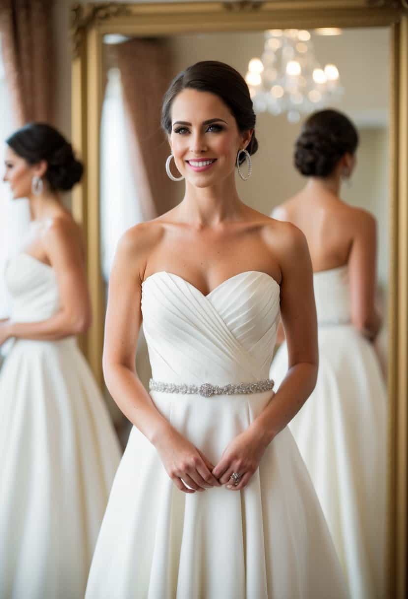 A bride wearing a strapless dress with classic silver hoop earrings, standing in front of a mirror