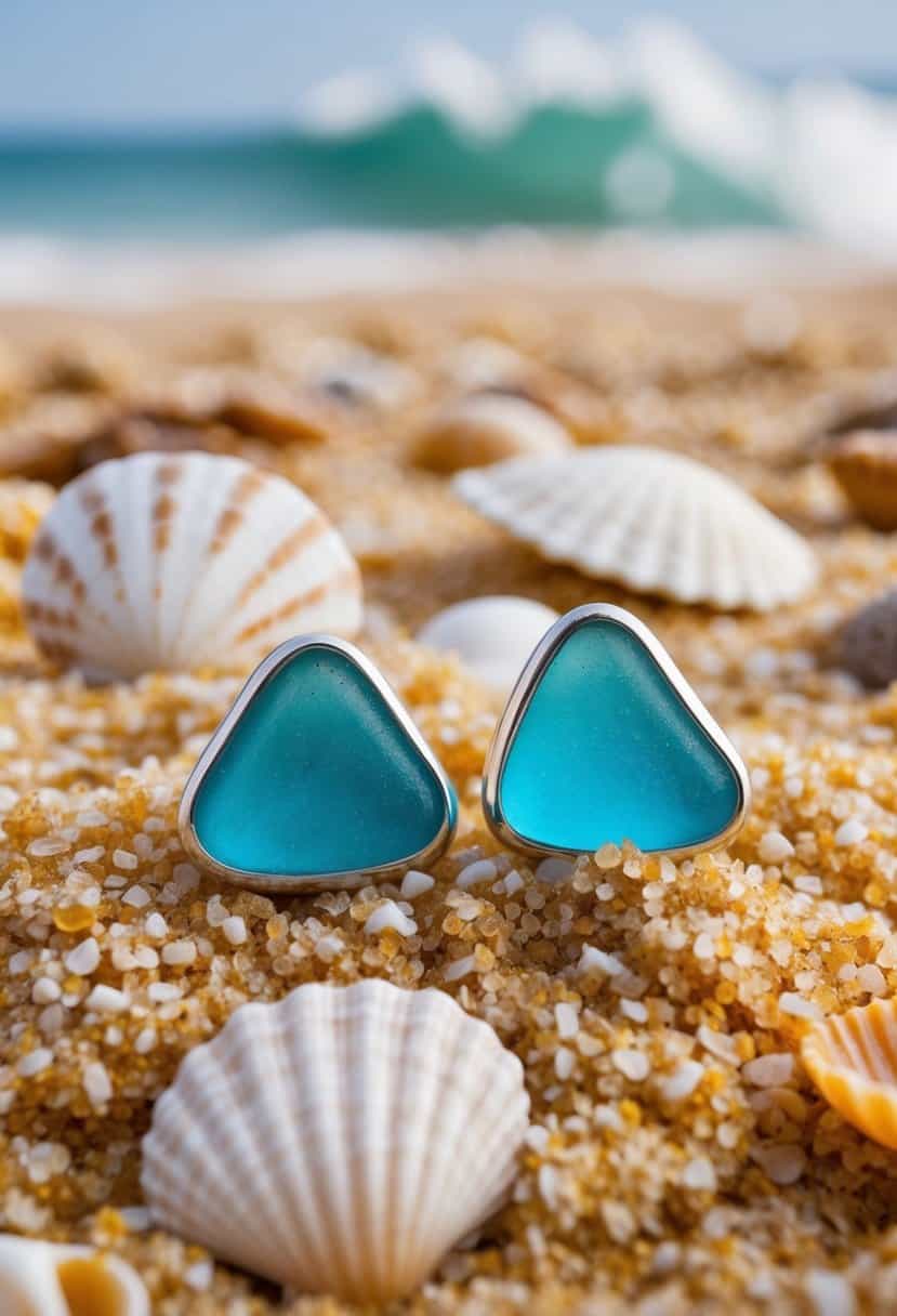 Two sea glass studs nestled in a bed of sand and shells, with a gentle ocean wave in the background