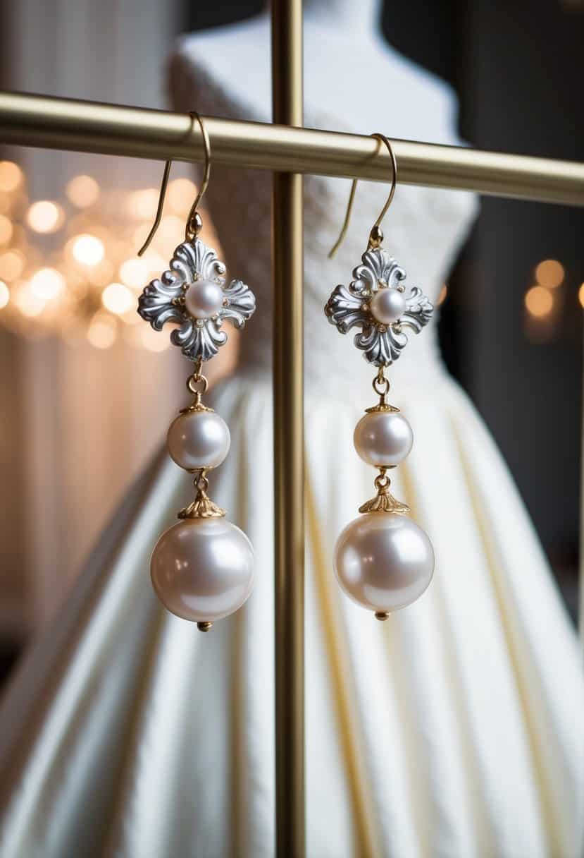 A pair of baroque pearl earrings dangling from an elegant display, set against a backdrop of a flowing strapless wedding dress