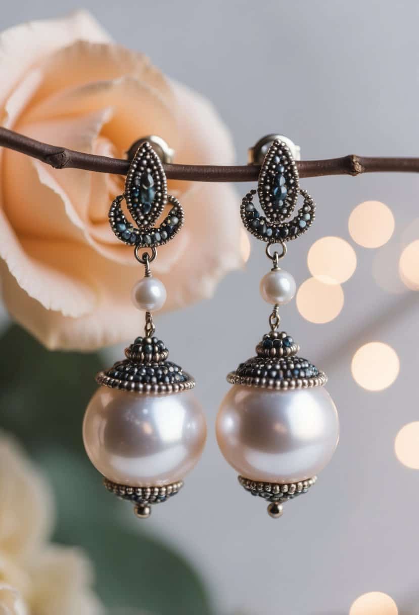 A delicate pair of Baroque pearl earrings with intricate beading, set against a soft, romantic background