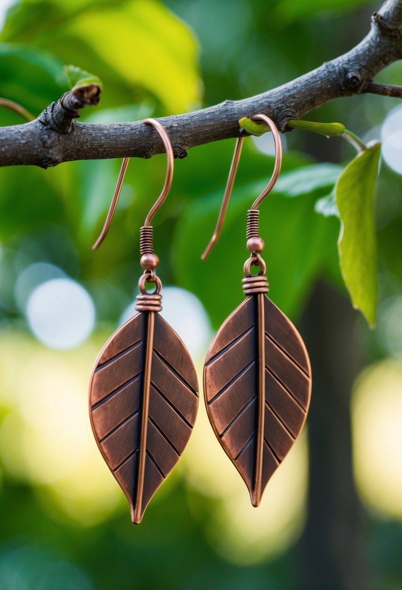 A pair of rustic copper leaf-shaped earrings hanging from a tree branch with soft sunlight filtering through the leaves