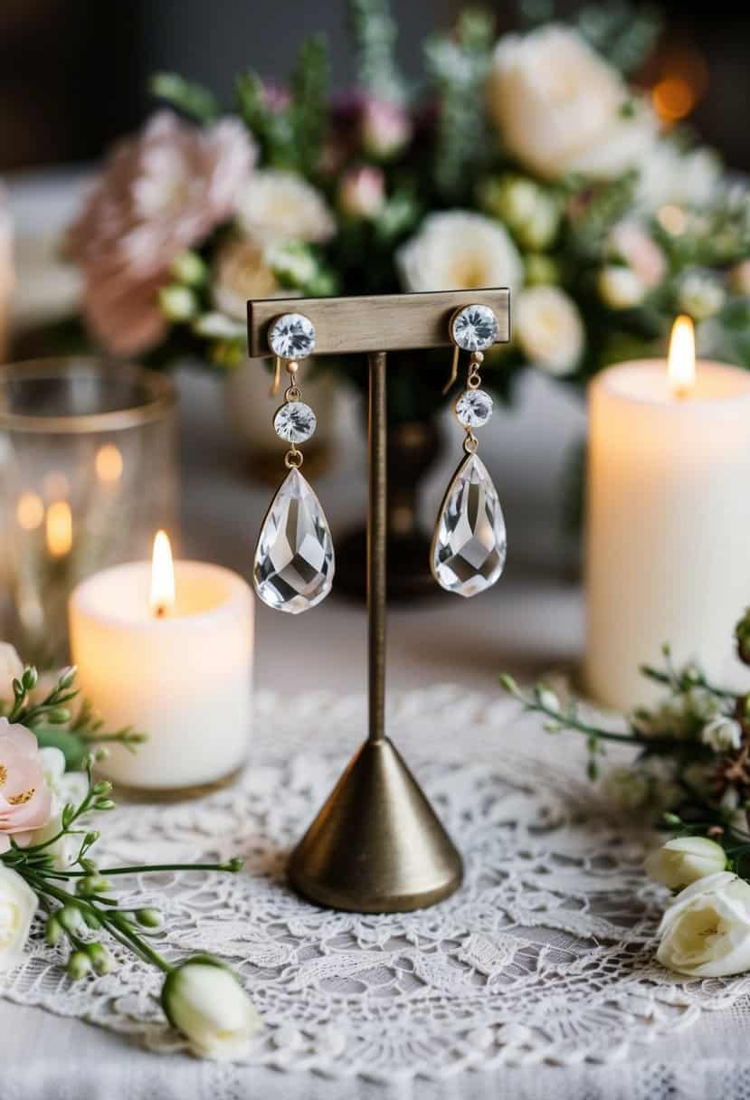 A vintage-inspired table with crystal teardrop earrings displayed on a lace cloth, surrounded by delicate floral arrangements and soft candlelight