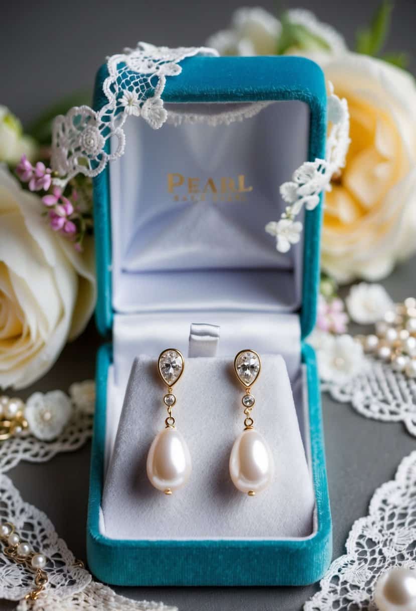 A pair of elegant pearl drop earrings displayed on a velvet-lined jewelry box, surrounded by delicate lace and floral accents