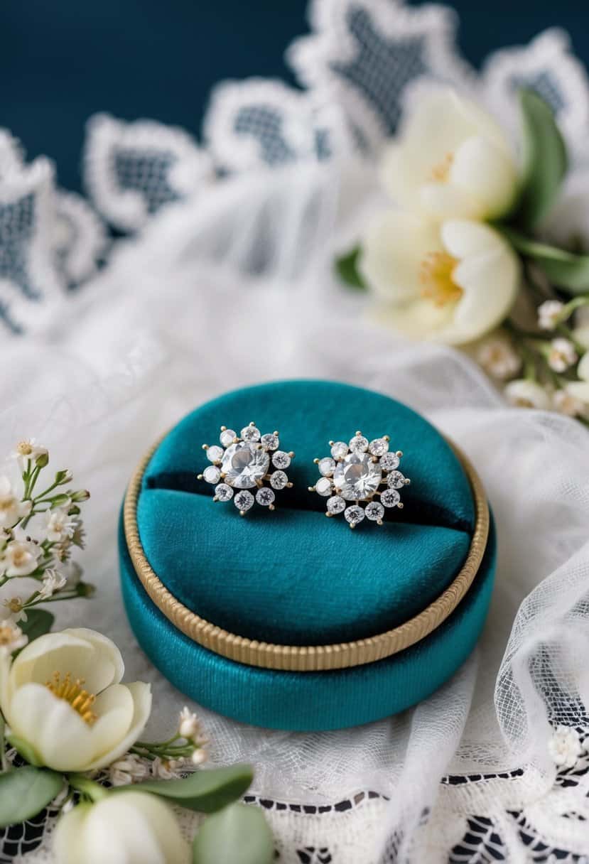 A pair of elegant rhinestone stud earrings displayed on a velvet cushion, surrounded by delicate lace and floral accents