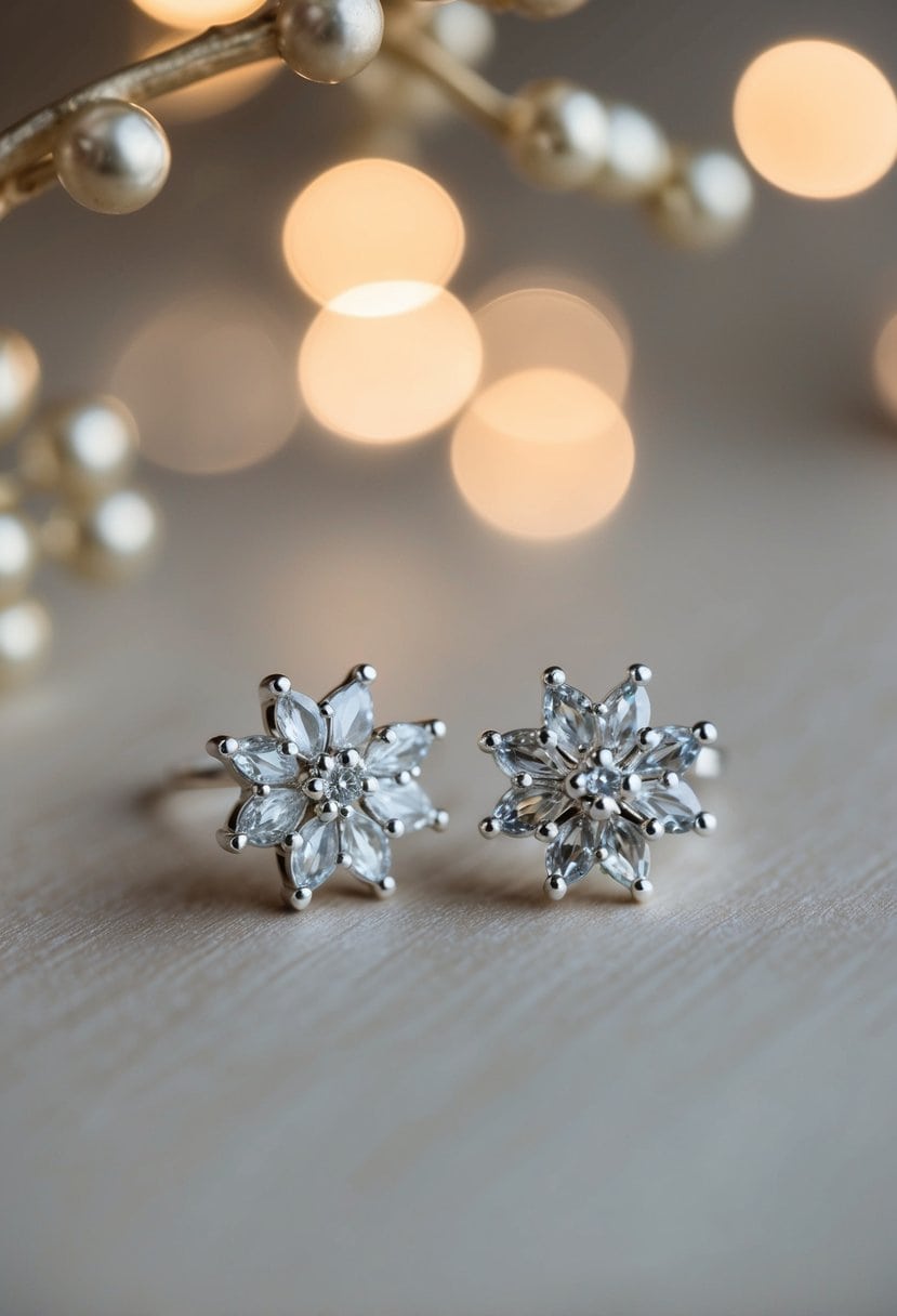 A pair of elegant silver floral cluster earrings, shimmering under soft lighting, with delicate details and a touch of sparkle