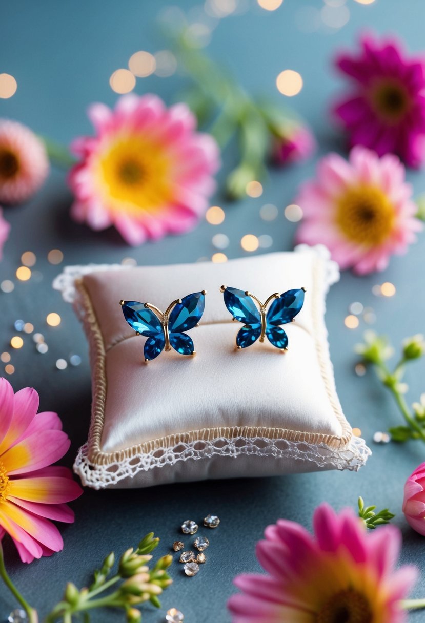 A pair of Swarovski crystal butterfly stud earrings displayed on a delicate lace pillow, surrounded by colorful flowers and sparkles