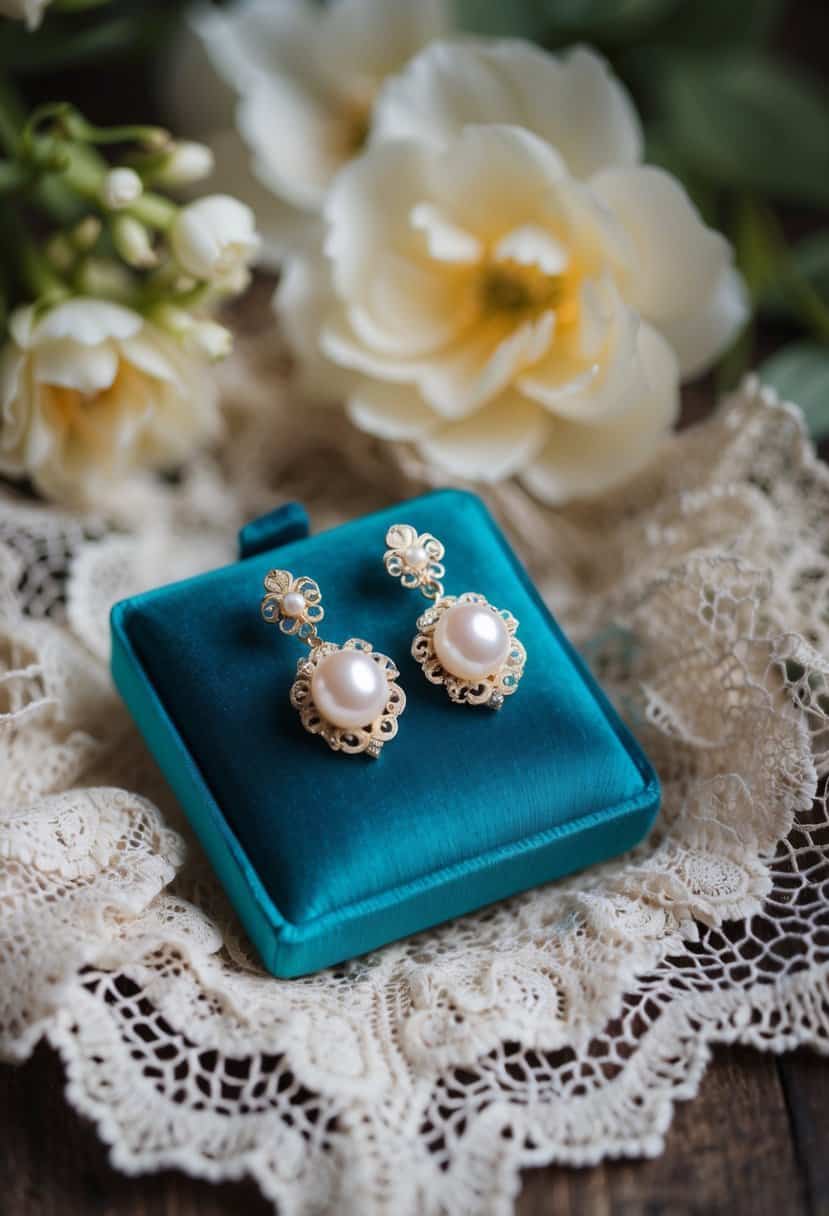 A delicate pair of Baroque pearl earrings displayed on a velvet cushion, surrounded by antique lace and floral motifs