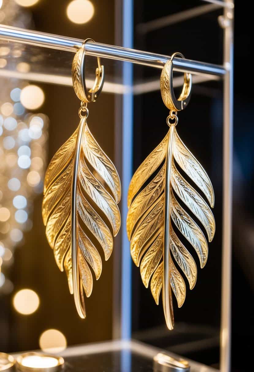 A pair of elegant gold leaf chandelier earrings hangs from a display, catching the light and shimmering with intricate detail