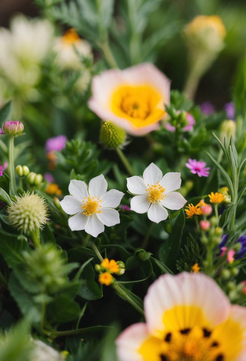 A pair of delicate botanical bloom studs surrounded by fresh greenery and colorful wildflowers, evoking a natural and romantic wedding atmosphere