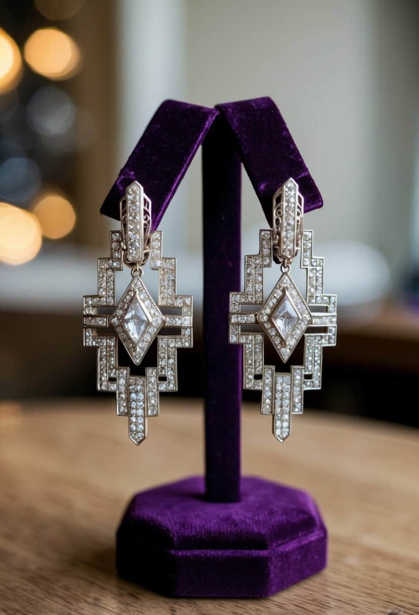 A pair of Art Deco clip-on earrings, featuring intricate geometric patterns and sparkling gemstones, displayed on a velvet jewelry stand