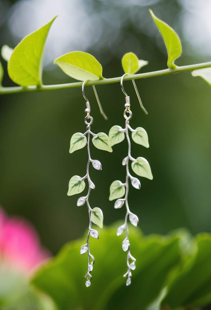 A delicate vine with lush green leaves dangles from a pair of elegant earrings, inspired by nature and perfect for a wedding