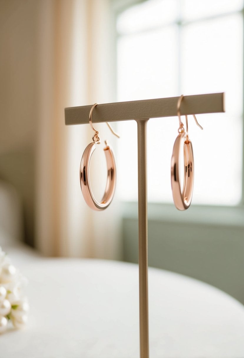 A pair of delicate rose gold hoops dangle from a jewelry stand, catching the soft light in a serene bridal suite