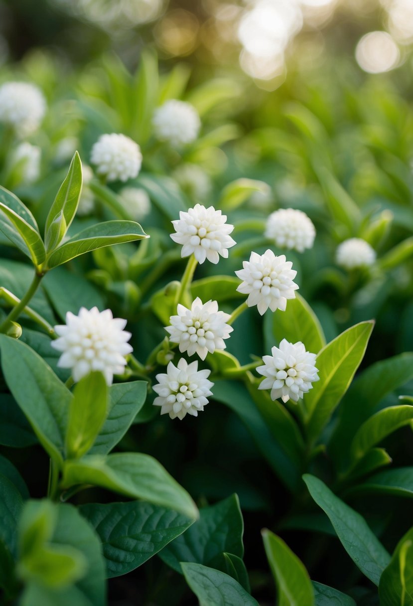 Delicate white pearl flowers nestled among green foliage, with soft sunlight filtering through the leaves