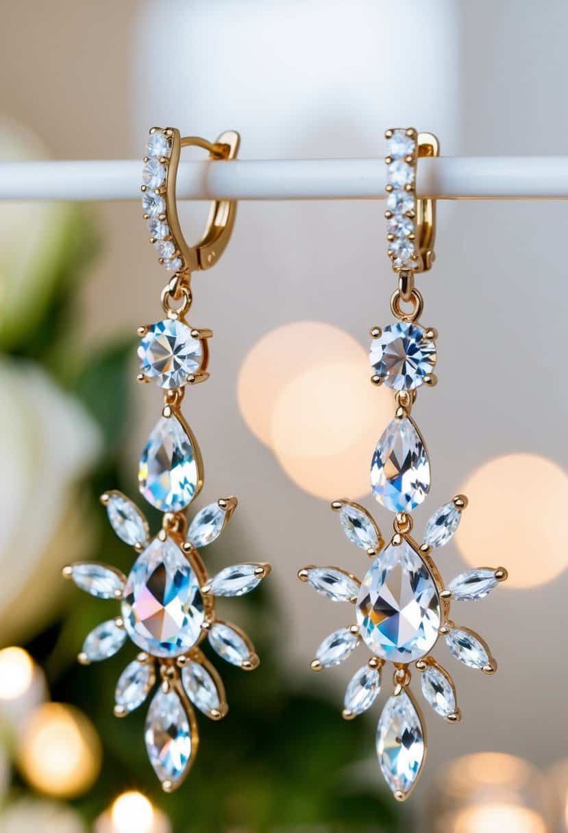 A pair of elegant Swarovski crystal dangle earrings, shimmering in the soft light of a wedding reception