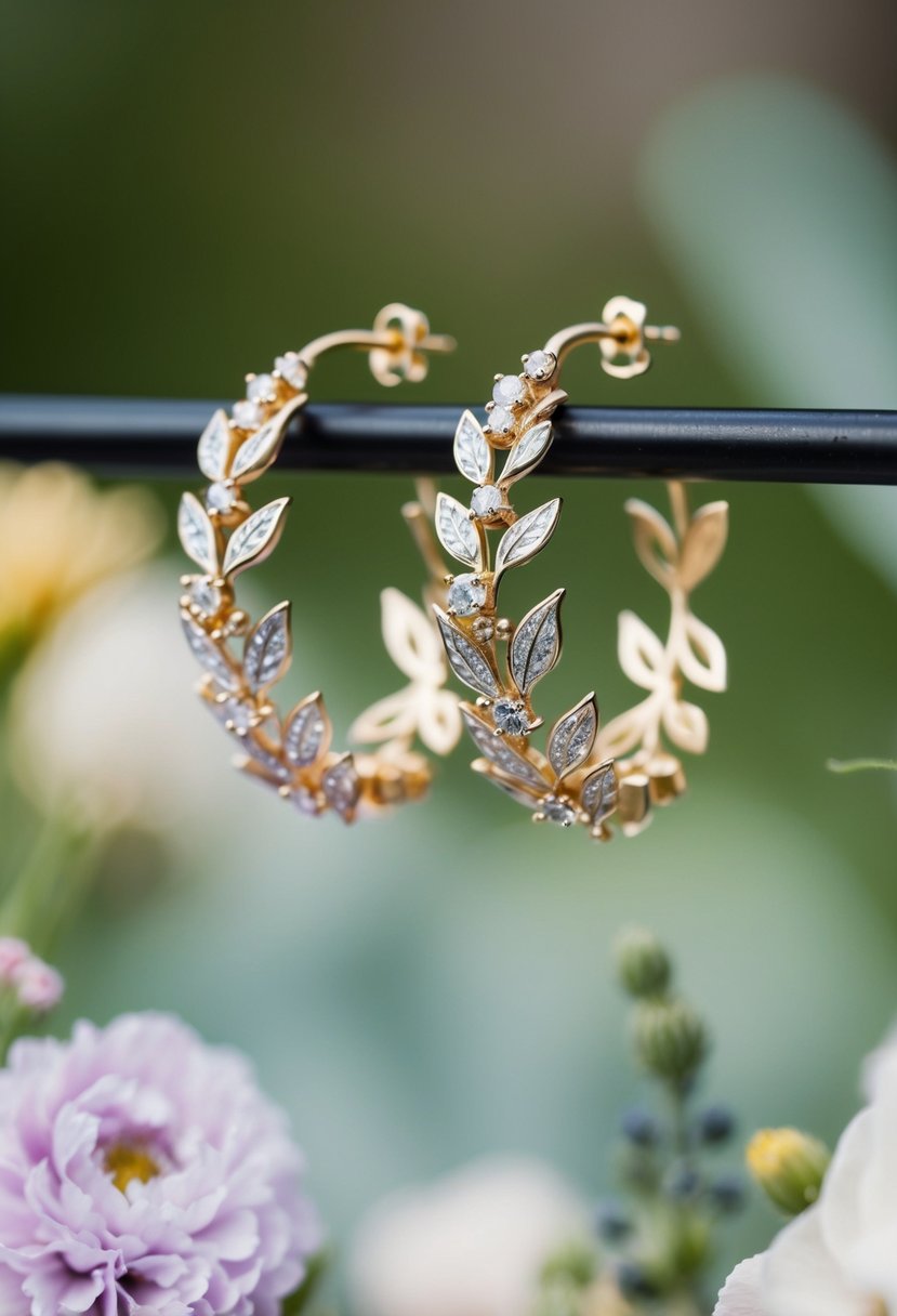 A pair of delicate hoop earrings adorned with intricate floral and leaf designs, inspired by the beauty of nature and perfect for a wedding