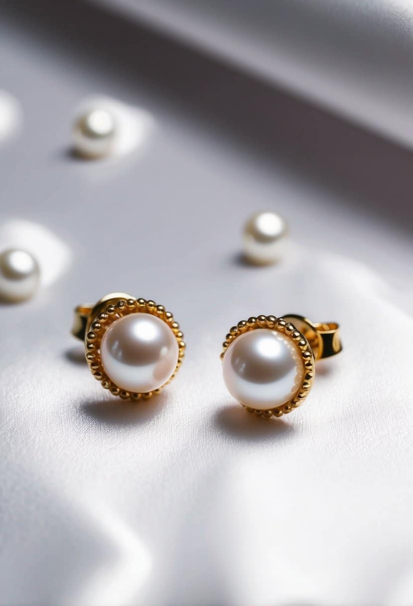 Two elegant pearl studs on a white satin background