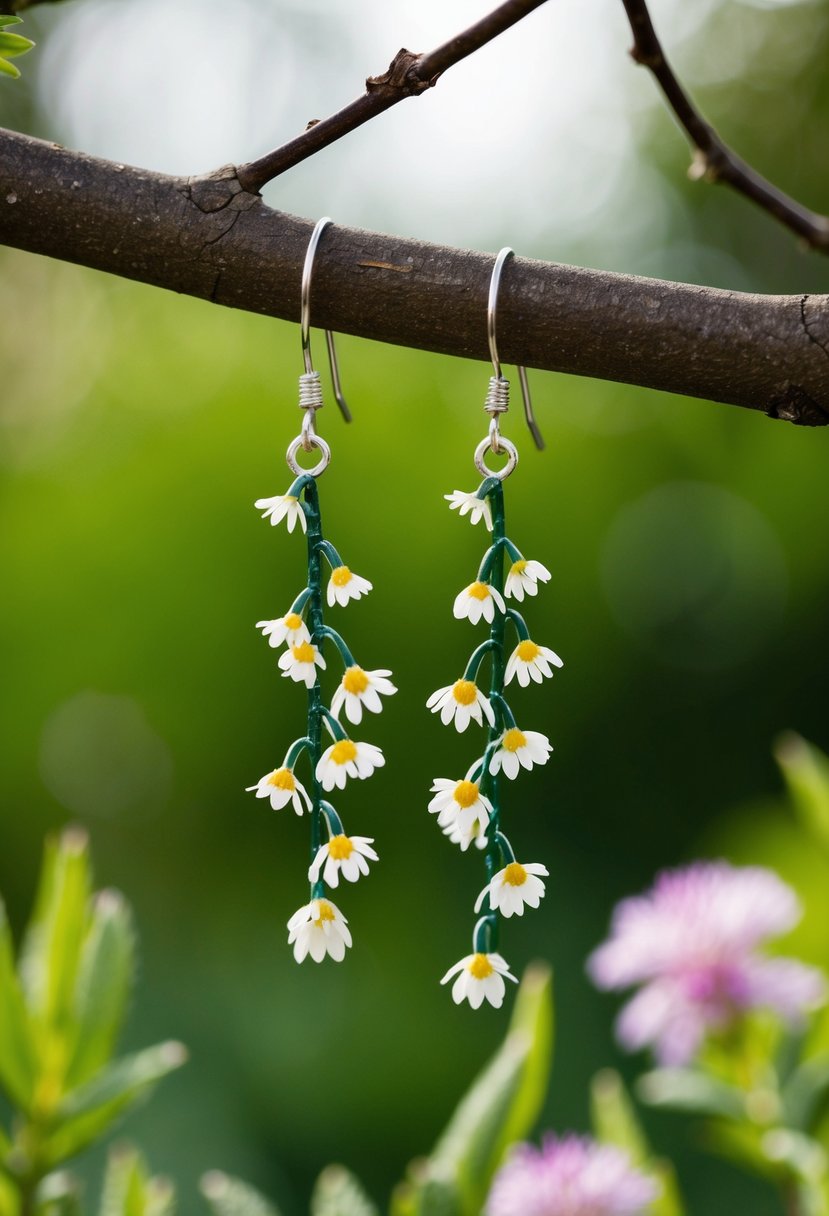 A pair of delicate wildflower drop earrings hanging from a tree branch, surrounded by lush greenery and blooming flowers