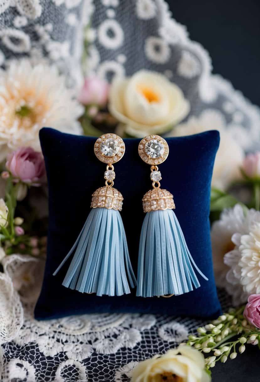 A pair of elegant statement tassel earrings displayed on a velvet cushion, surrounded by delicate lace and floral details