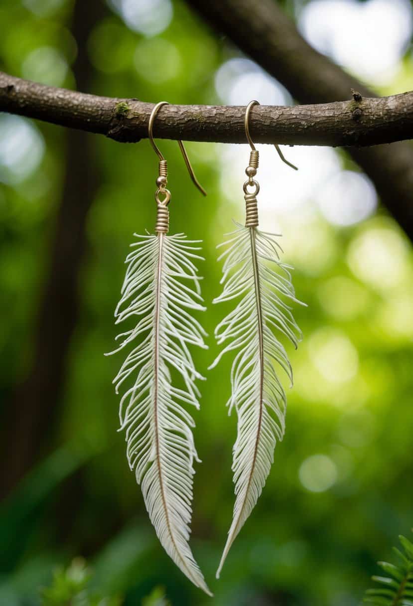 A pair of delicate feathered fern earrings hanging from a tree branch in a lush forest setting