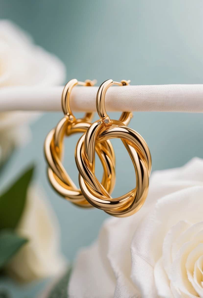 A close-up of elegant gold knot hoops against a soft, romantic background, evoking a sense of timeless sophistication for a mother of the bride