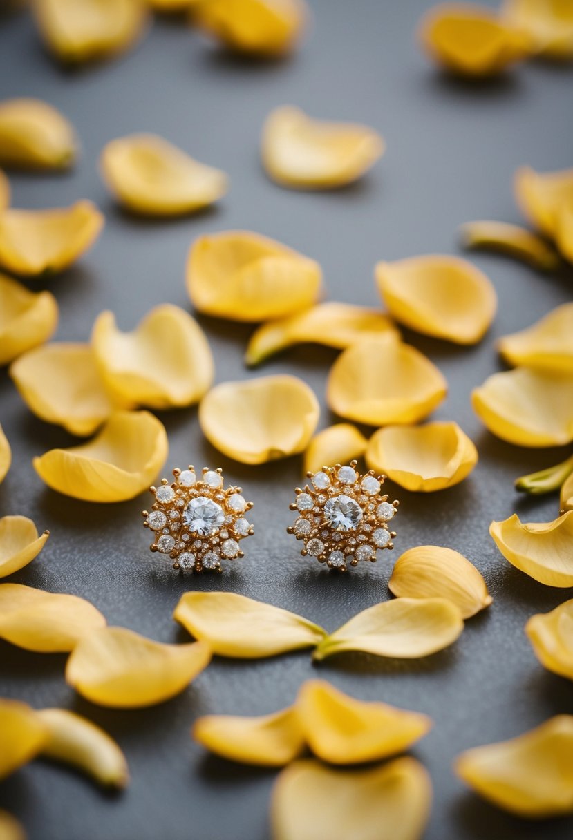 Golden garden petals scattered around delicate wedding earrings