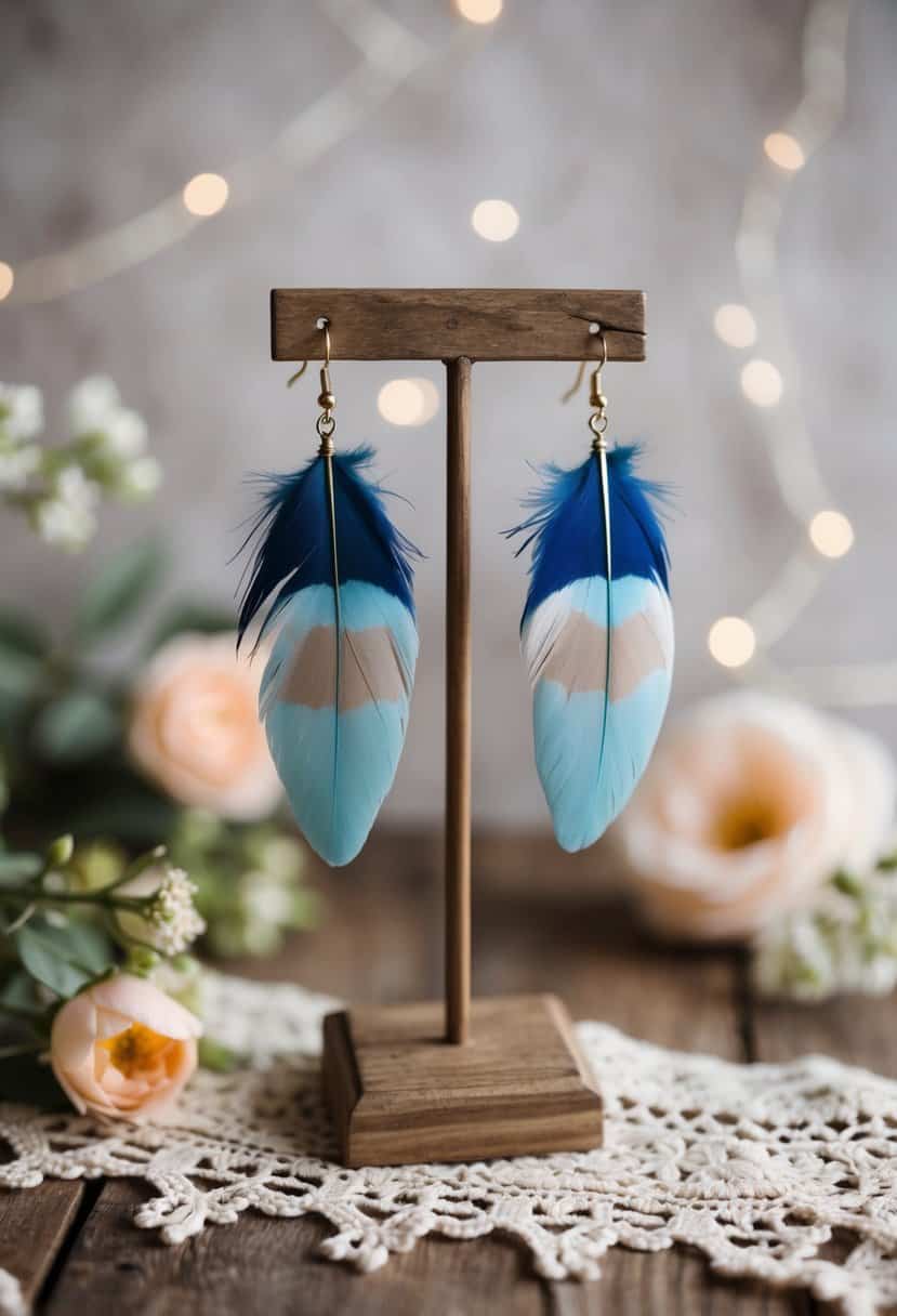 A pair of bohemian feather earrings displayed on a rustic wooden jewelry stand, surrounded by delicate lace and floral accents