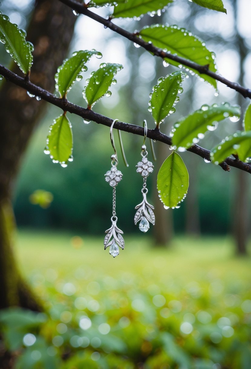 A serene forest glade glistens with dew-covered leaves and delicate silver wedding earrings hanging from a tree branch