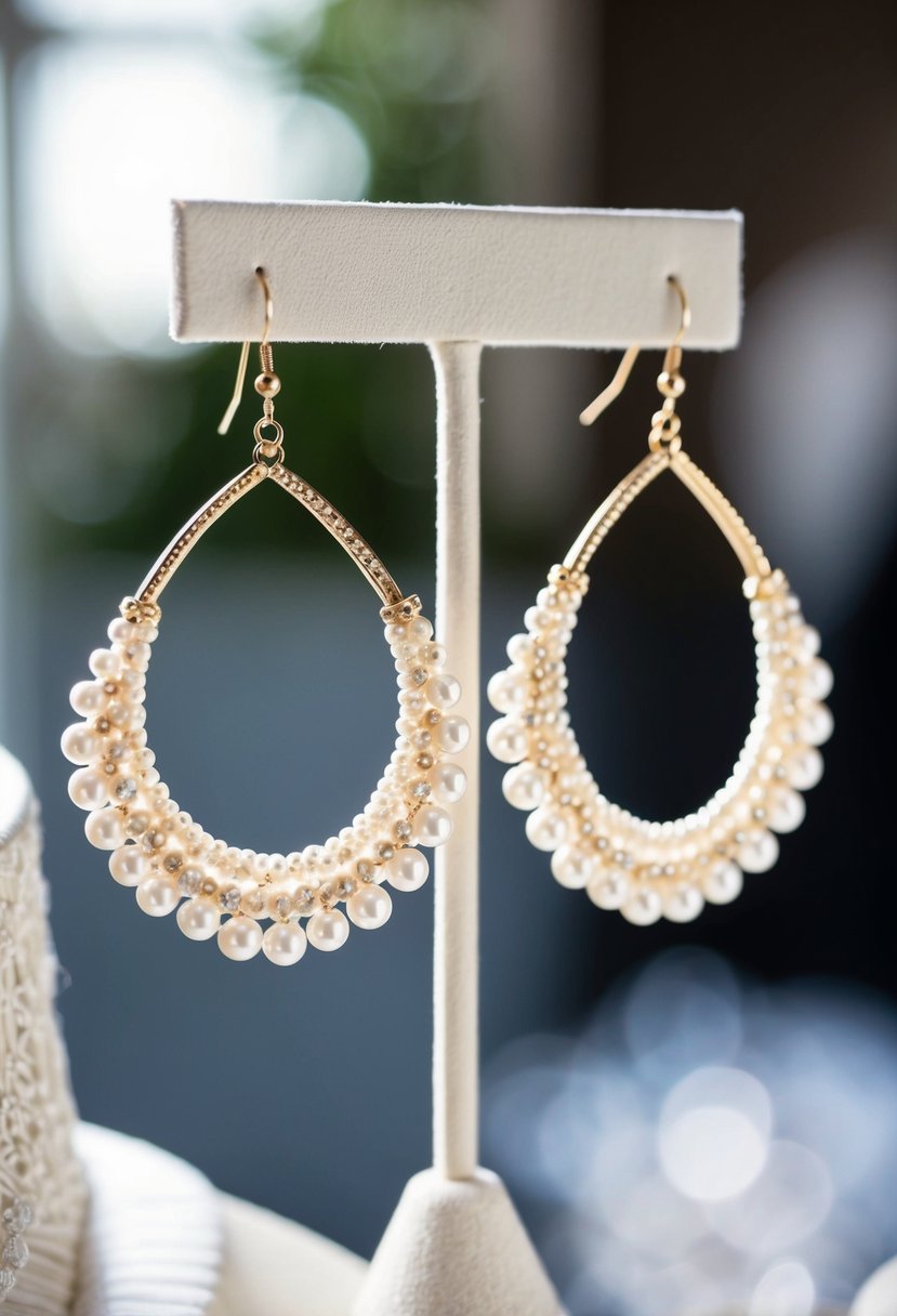 A pair of ivory beaded chandelier earrings, elegant and delicate, hanging from a display stand, ready for a mother of the bride to try on