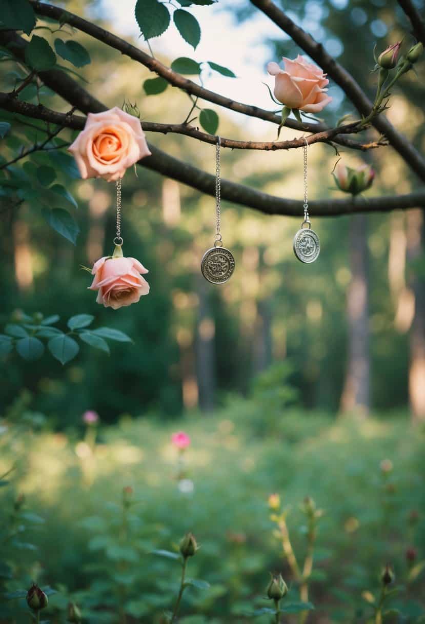 A serene forest clearing with wild roses and delicate charms hanging from tree branches