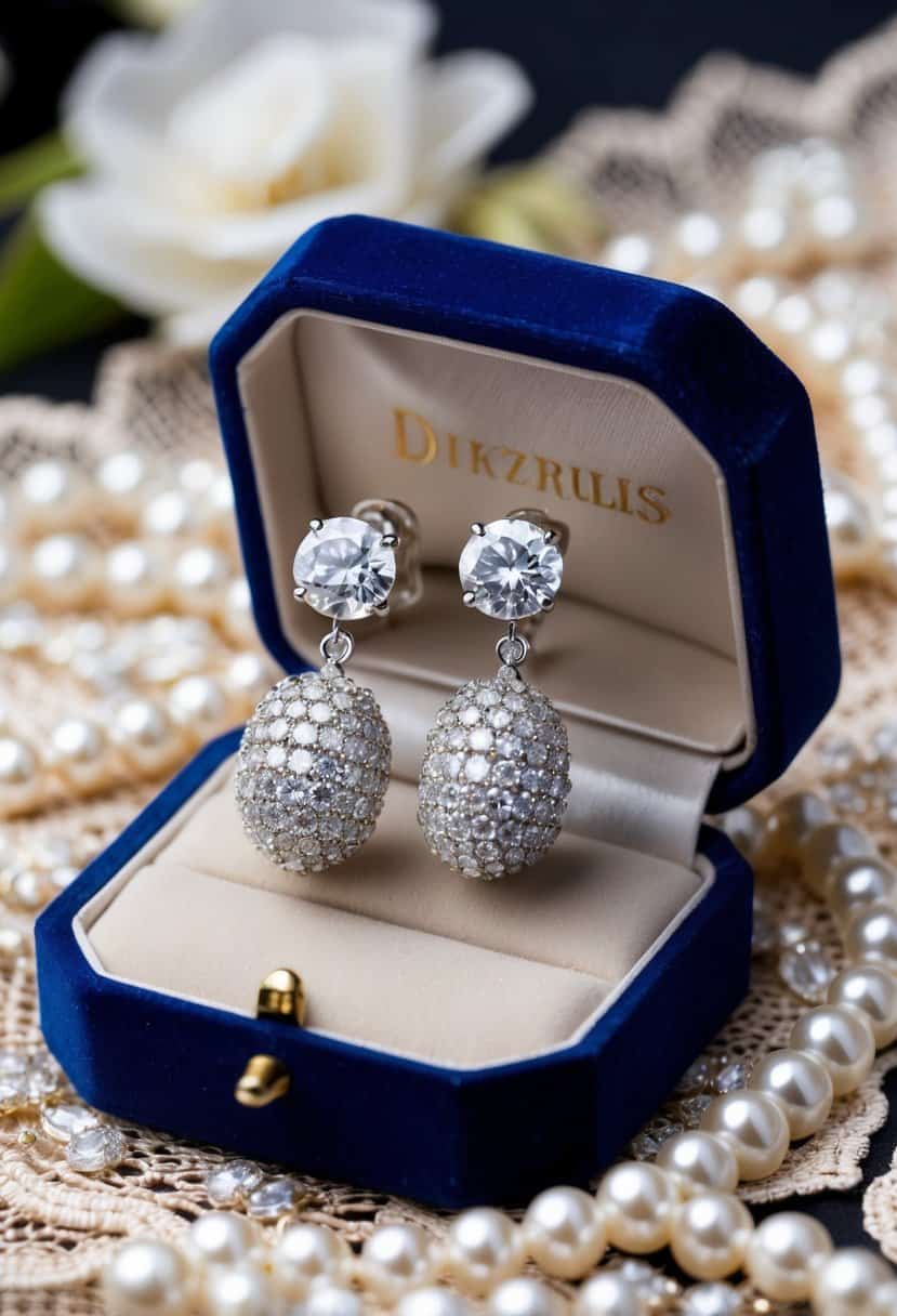 A pair of diamond studded crawlers dangling from a velvet jewelry box, surrounded by delicate lace and shimmering pearls