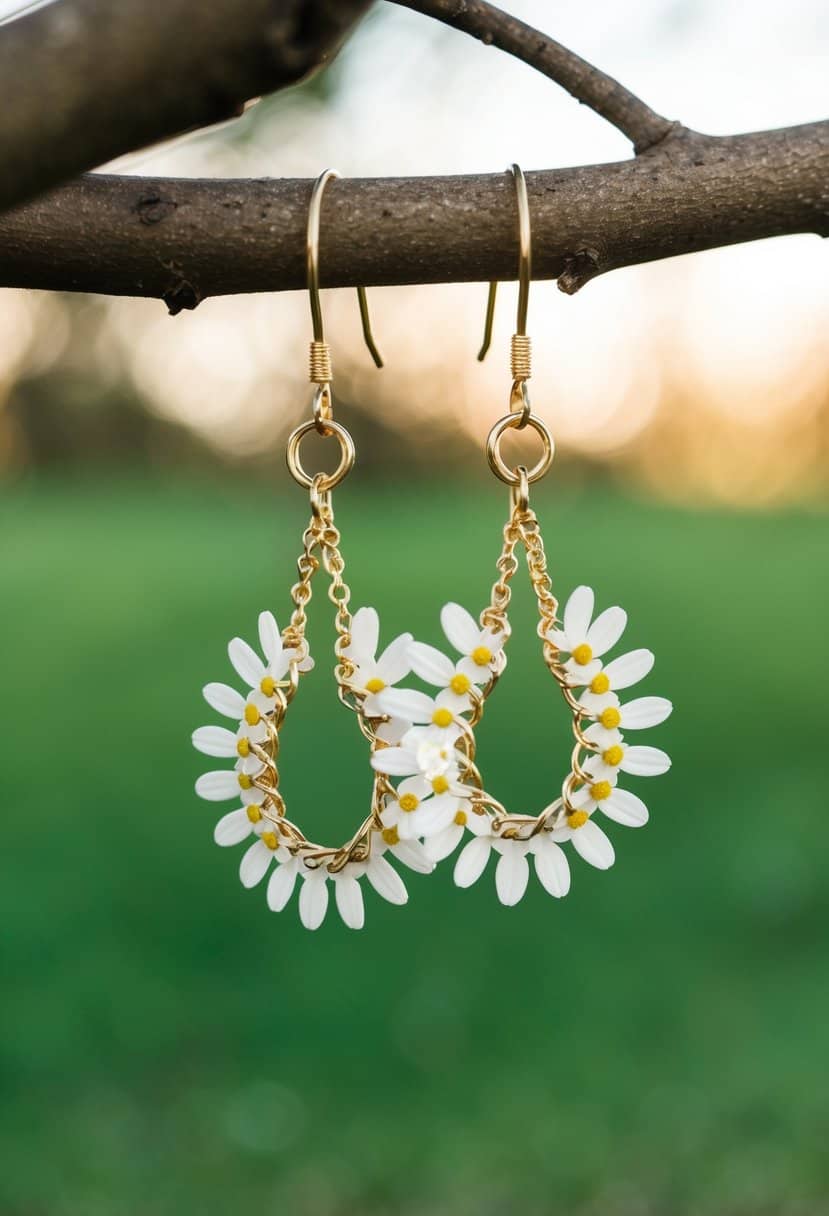 A daisy chain loop earrings hanging from a tree branch