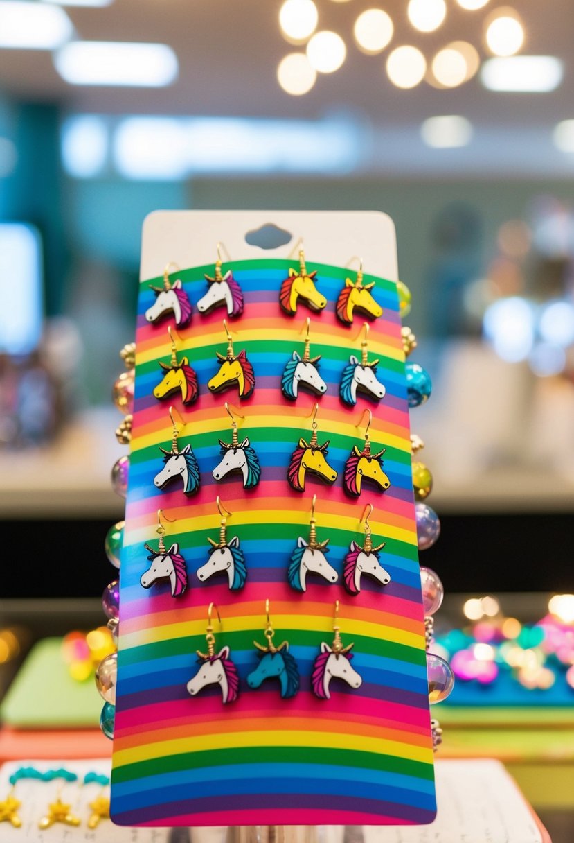 A group of colorful unicorn earrings arranged in a rainbow pattern on a display stand