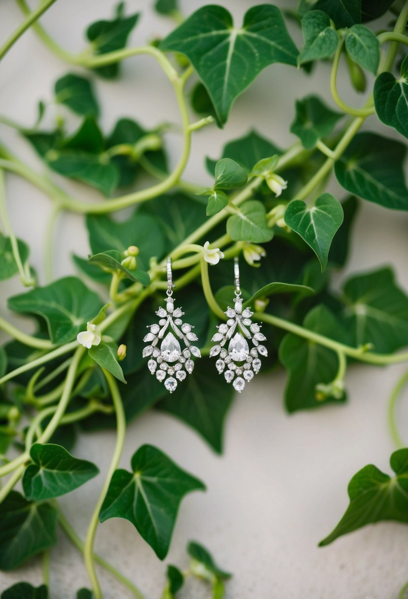 Lush green vines and delicate flowers intertwine with elegant wedding earrings