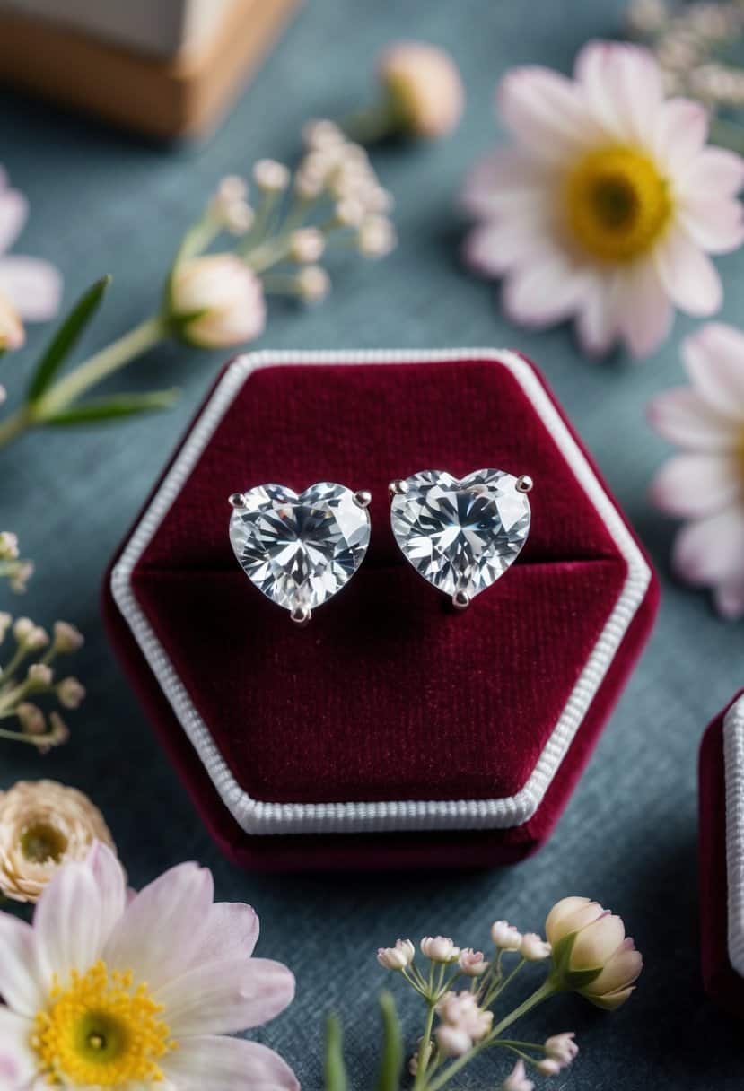 A pair of heart-shaped cubic zirconia earrings displayed on a velvet cushion, surrounded by delicate floral decorations