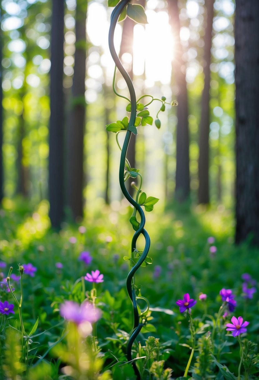 A serene forest clearing with wildflowers and twisting vines, sunlight filtering through the trees, creating a magical atmosphere for nature-inspired wedding earrings