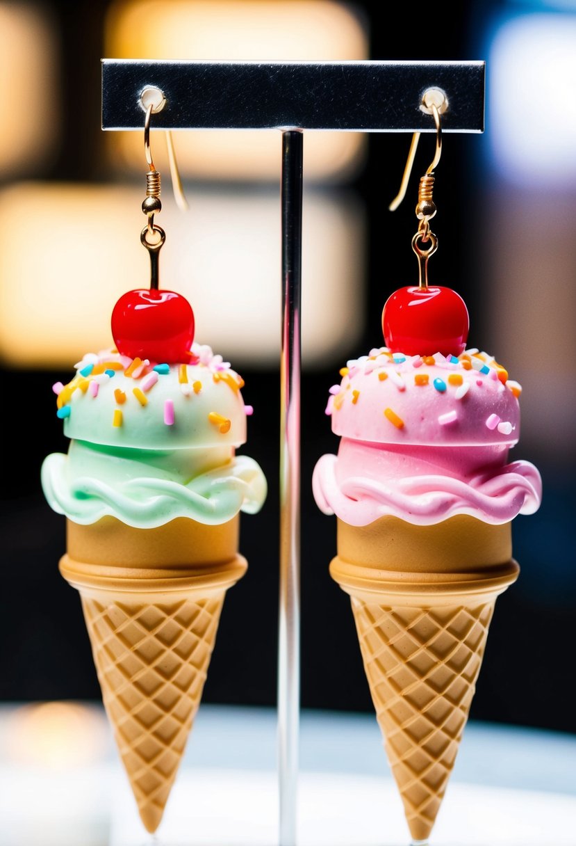 Two ice cream cone earrings in pastel colors, adorned with tiny sprinkles and a cherry on top, dangle from a display stand