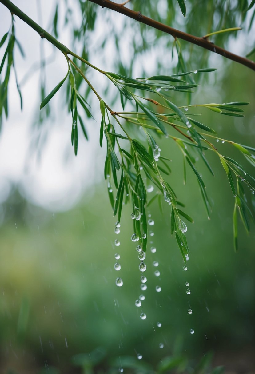 A delicate willow branch with droplets, surrounded by natural elements