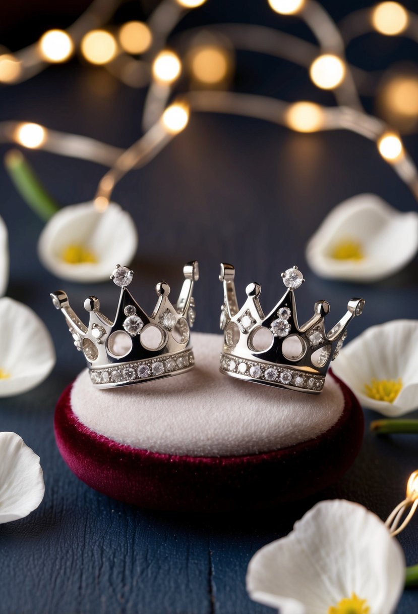 Two sparkling crown stud earrings placed on a velvet cushion, surrounded by delicate flower petals and twinkling fairy lights