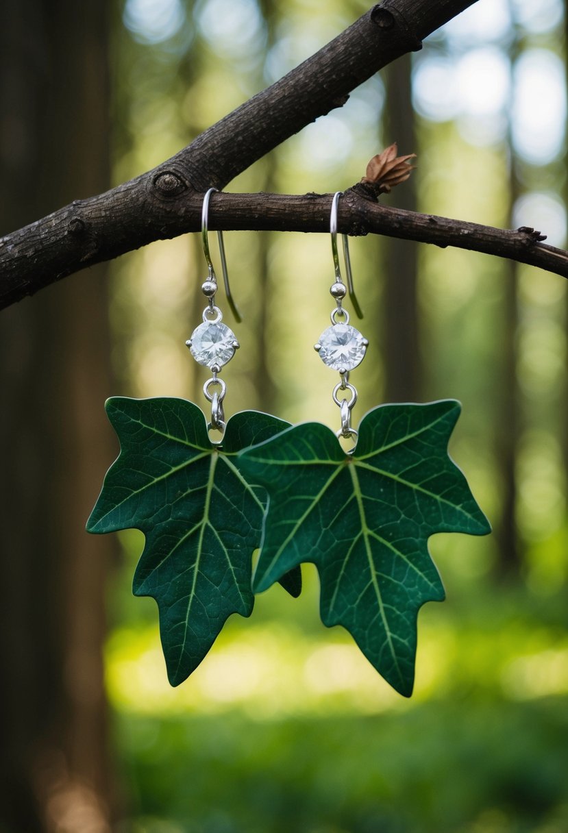 A pair of ivy leaf earrings dangling from a tree branch amidst a serene forest setting