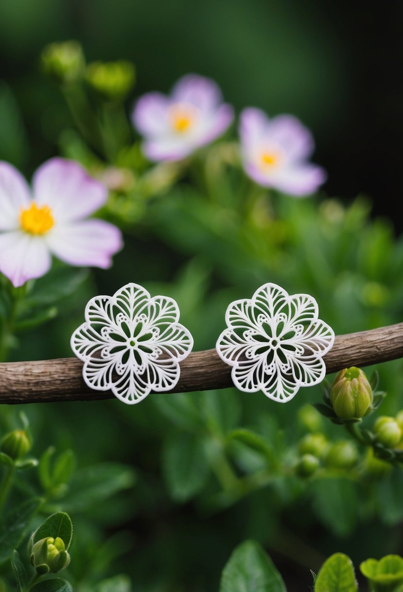 A pair of delicate floral filigree studs, inspired by nature, are showcased against a backdrop of lush greenery and blooming flowers