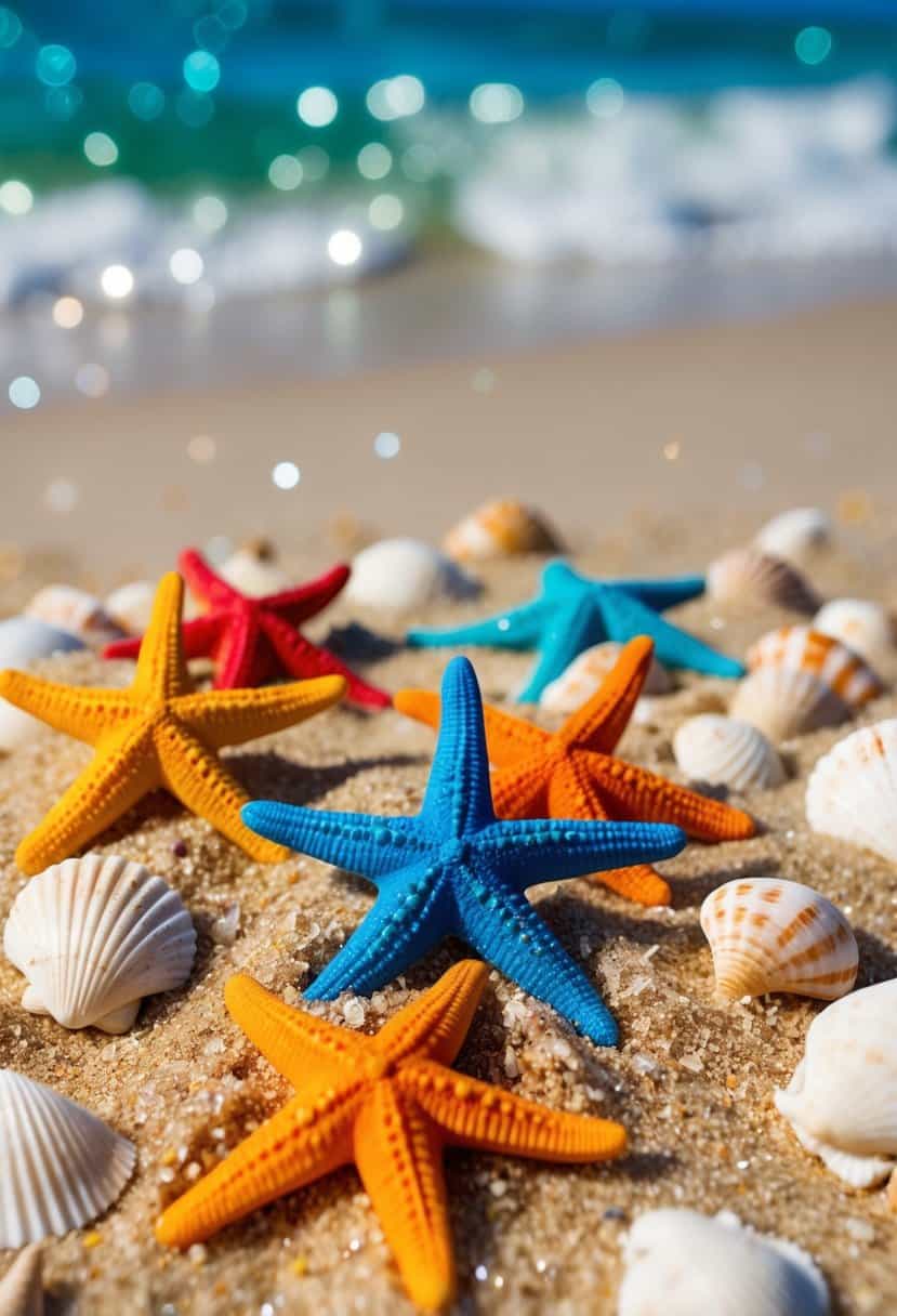 A beach scene with colorful starfish scattered in the sand, surrounded by seashells and sparkling ocean waves