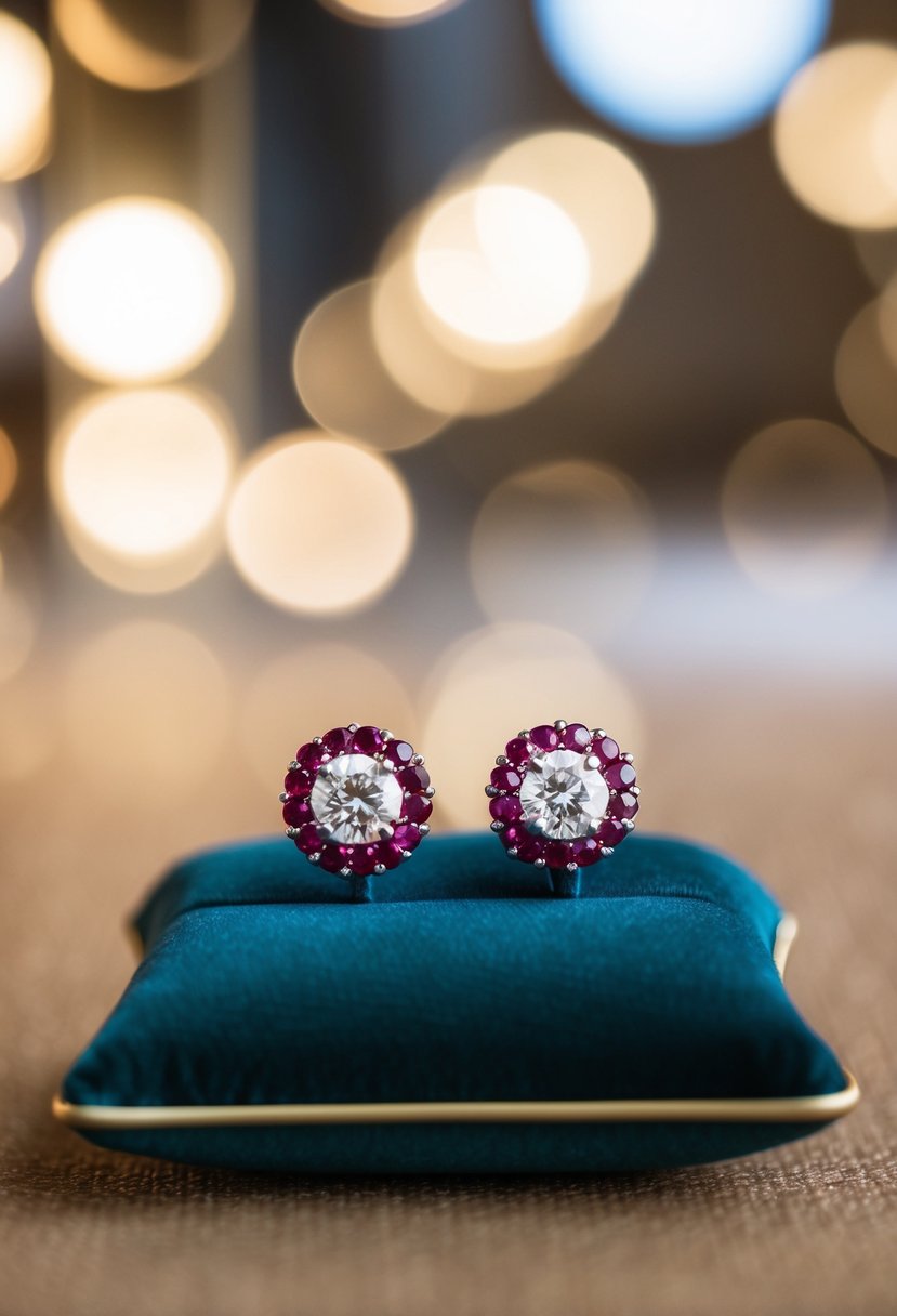 A pair of diamond halo ruby earrings displayed on a velvet cushion under soft lighting