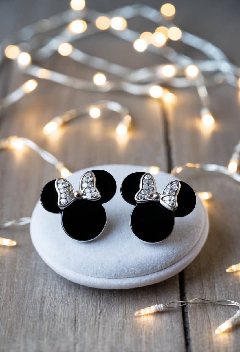 Two sterling silver Minnie Mouse earrings displayed on a white velvet cushion, surrounded by sparkles and fairy lights