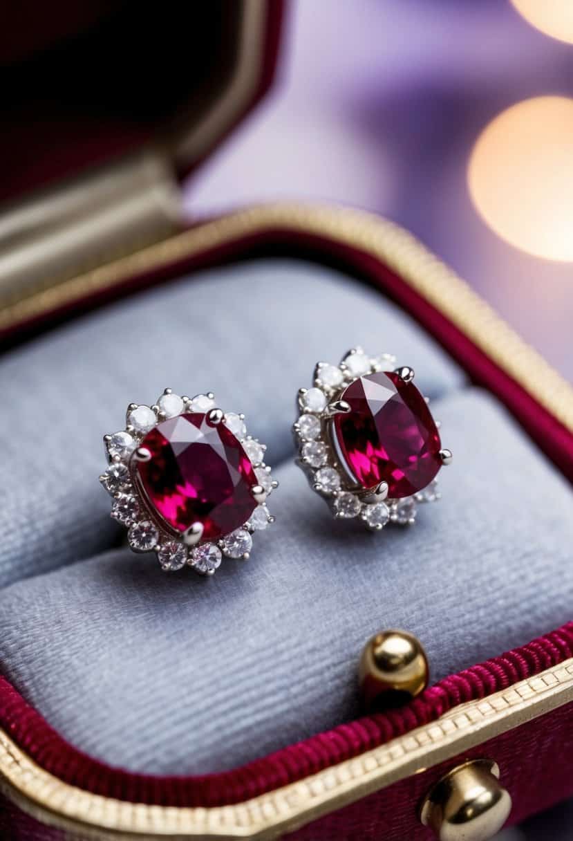 A close-up of a pair of vintage ruby stud earrings, resting on a velvet cushion with soft lighting to highlight their intricate design