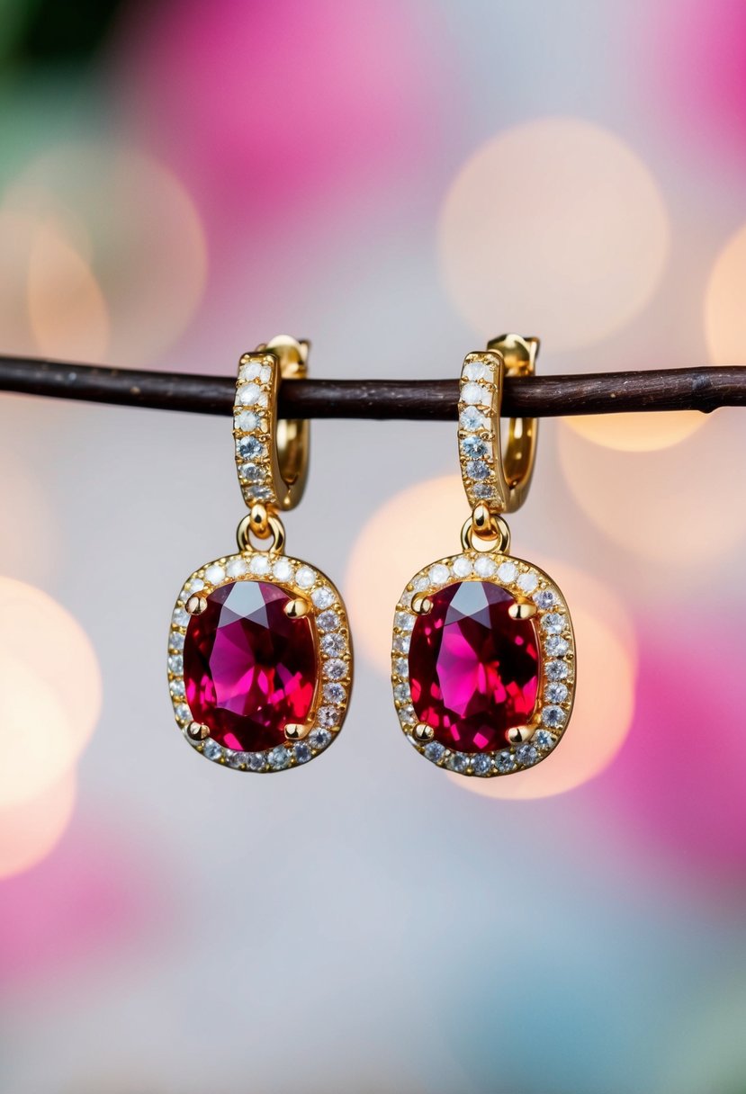 A pair of gold drop earrings with vibrant ruby gemstones