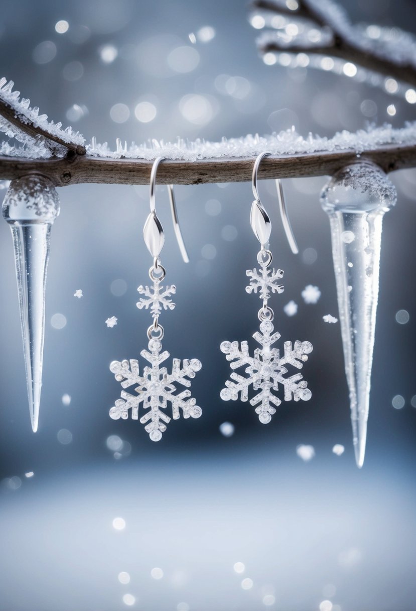 A pair of delicate snowflake earrings dangle from a frosty branch, surrounded by glistening icicles and swirling snowflakes