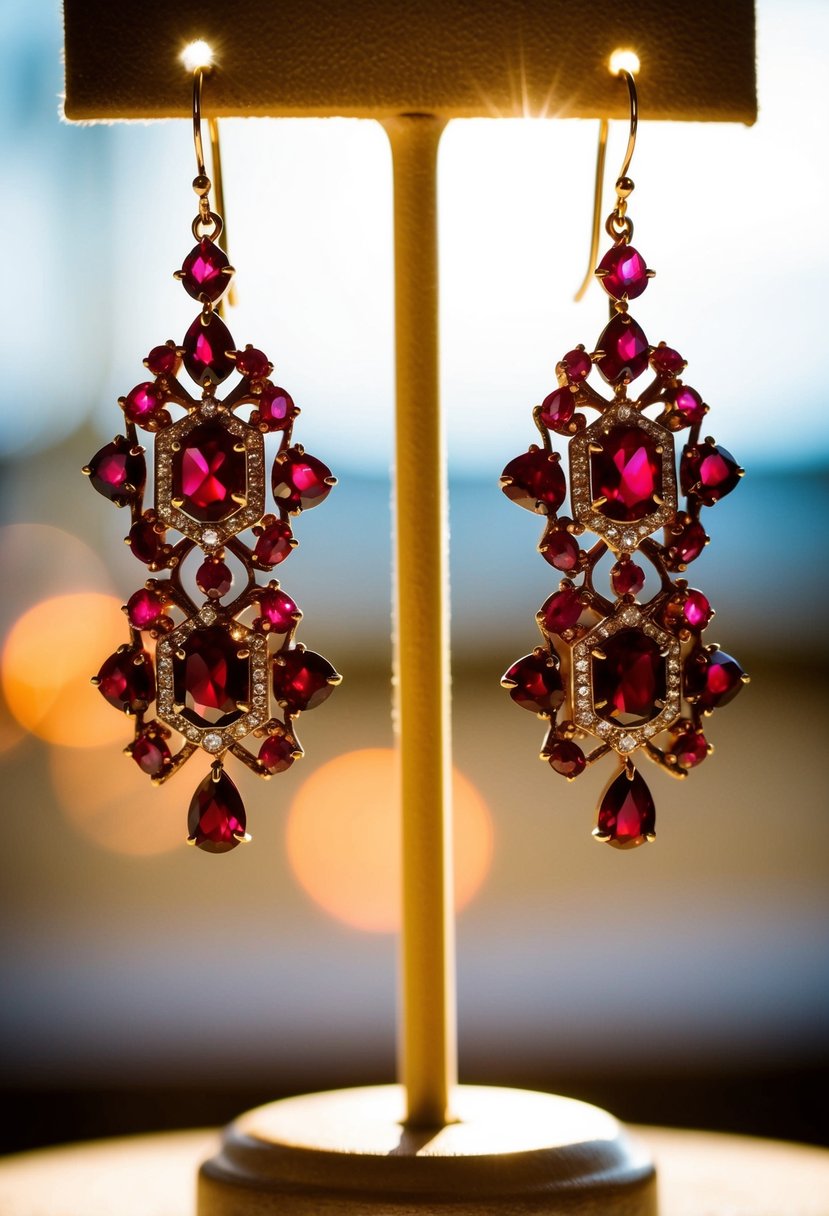 A pair of Art Deco ruby chandelier earrings hanging from a display stand, catching the light and casting a warm, red glow